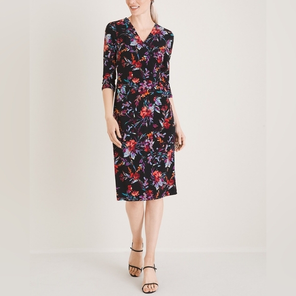 Chico’s Floral Print Faux Wrap Dress Size 12/14. Stretch Jersey Knit Multi-Color - Picture 1 of 9